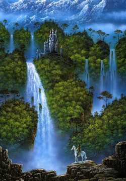  Fantasie Malerei - Danny Flynn Reiter unter Wasserfall Fantasie